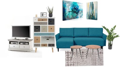 Obývačka v modro-béžových odtieňoch