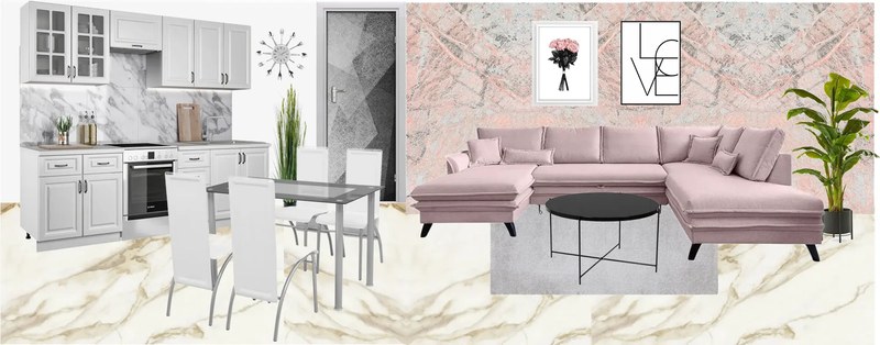 Kuchyňa a obývačka v mramorovo-ružovom štýle