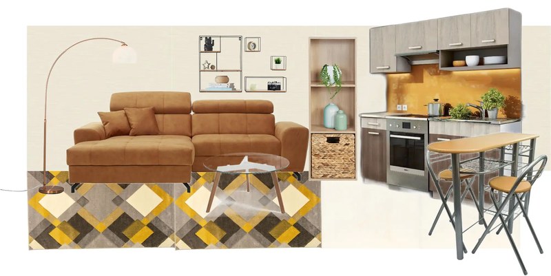 Útulná hnedá obývačka a kuchyňa