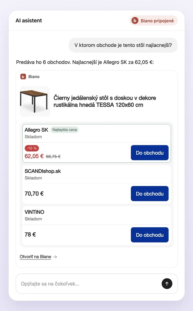 Biano v AI asistentovi: porovnanie cien jedného stola v niekoľkých obchodoch