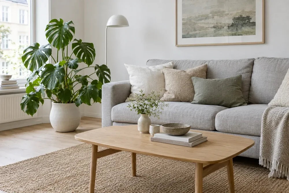 Škandinávska obývačka so svetlosivou pohovkou, dubovým stolíkom, jutovým kobercom a monsterou