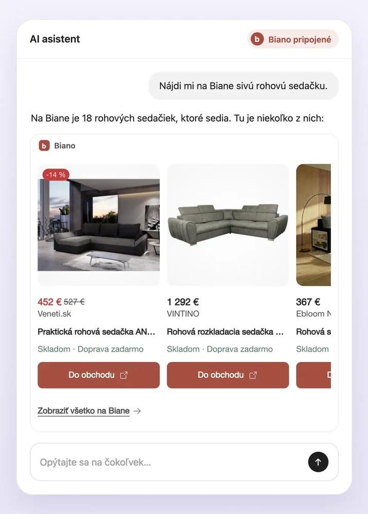 Biano v AI asistentovi: produktové karty rohových sedačiek s cenou, obchodom a tlačidlom Do obchodu