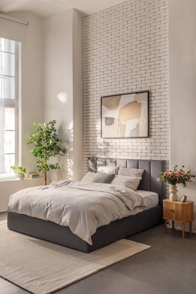 Sivá čalúnená dvojlôžková posteľ s úložným priestorom s roštom 180x200 cm Thessa Bold Line – Bonami Selection