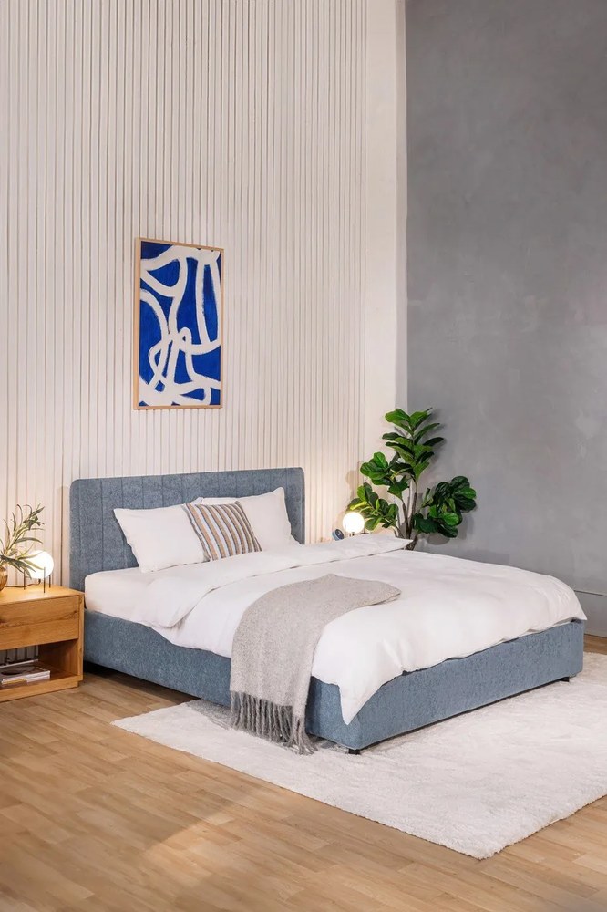 Modrá čalúnená dvojlôžková posteľ s úložným priestorom s roštom 180x200 cm Myra Slim Line – Bonami Selection