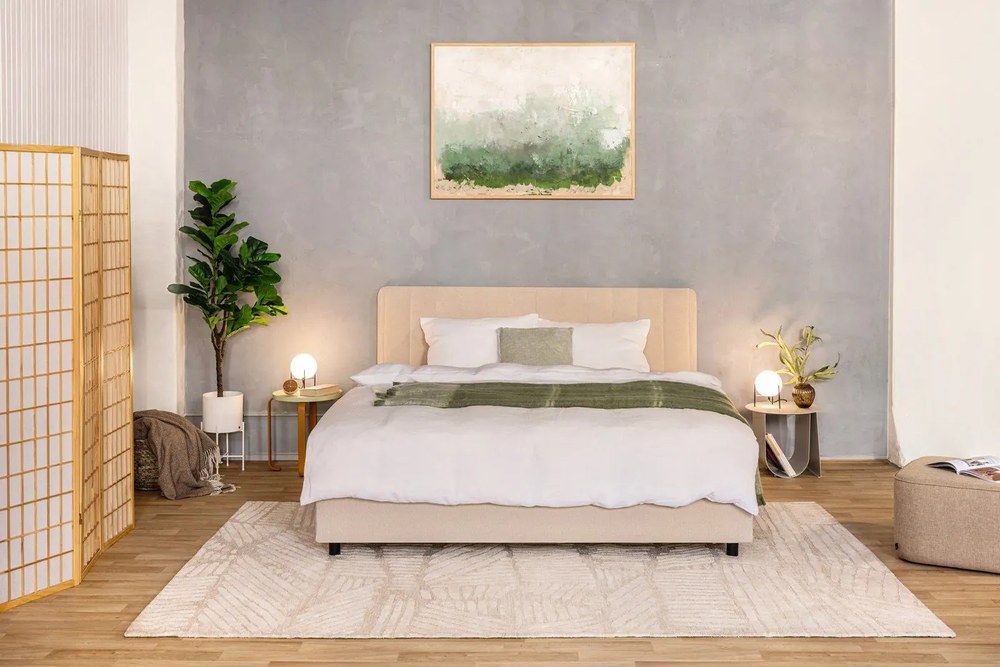 Béžová čalúnená dvojlôžková posteľ s úložným priestorom s matracom/s roštom 160x200 cm Myra Slim Line – Bonami Selection