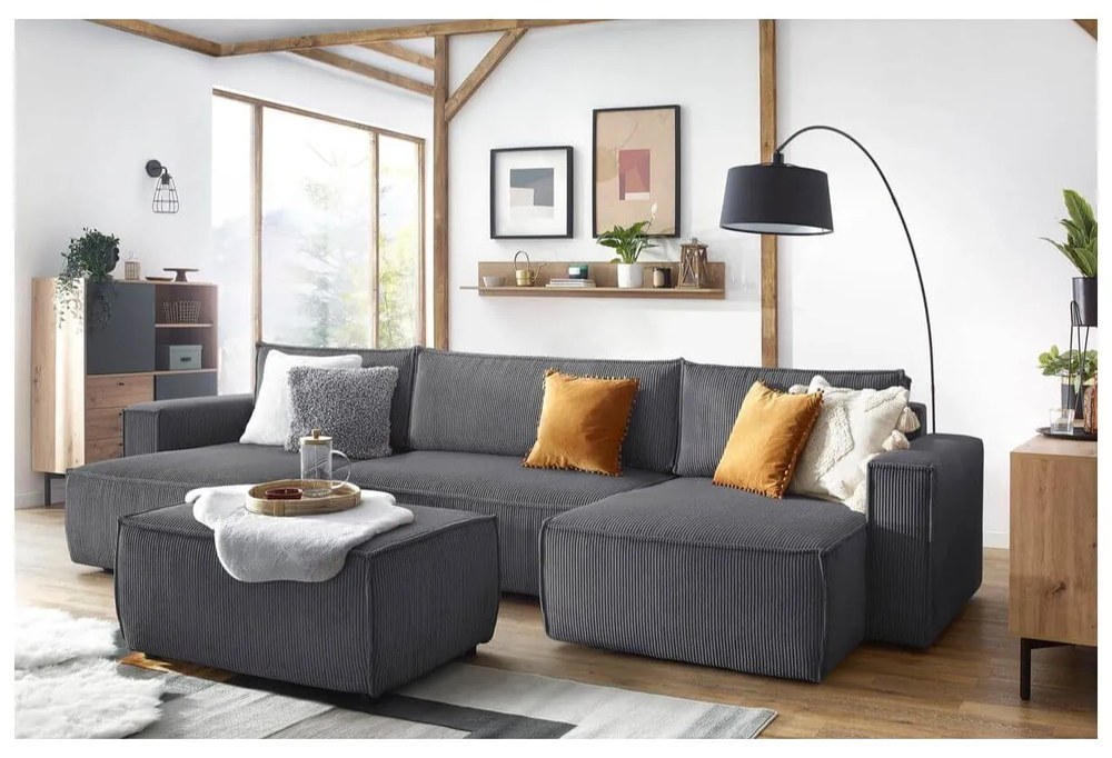 Tmavosivá menčestrová rozkladacia rohová pohovka do "U" Nihad – Bobochic Paris