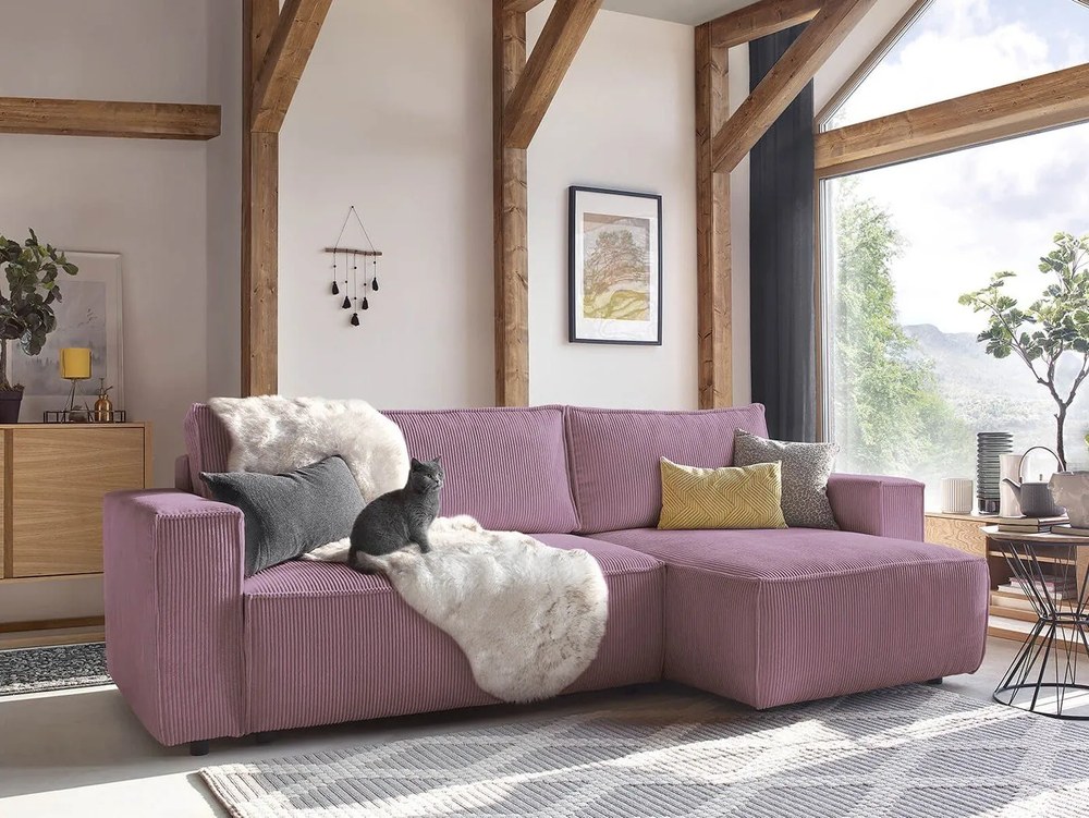 Ružová menčestrová rozkladacia rohová variabilná pohovka Nihad – Bobochic Paris