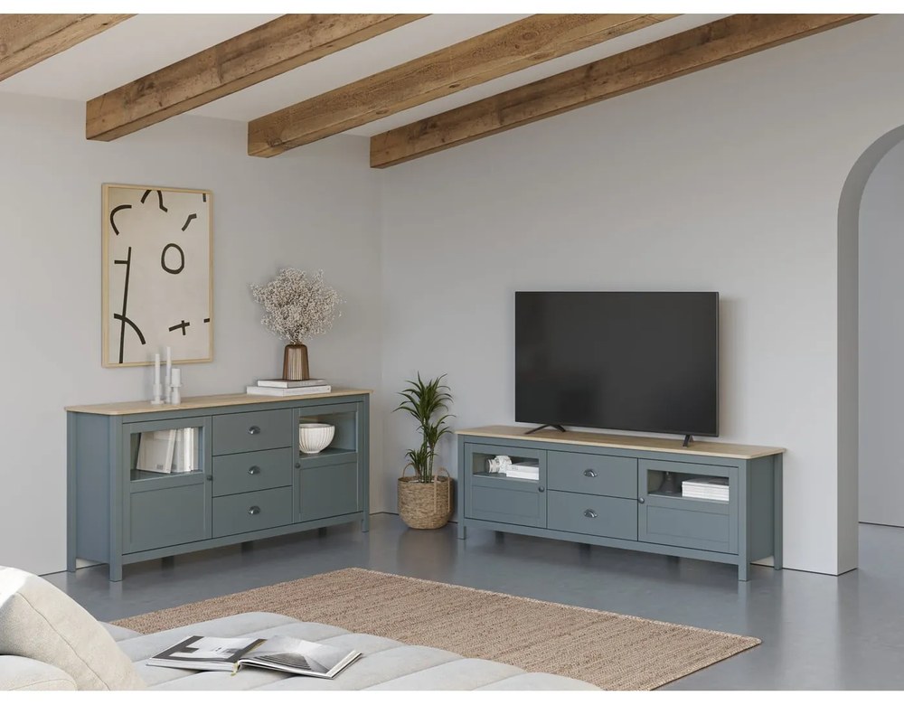 TV stolík sivozelený z borovicového dreva 180x59x40 cm Misti – Marckeric