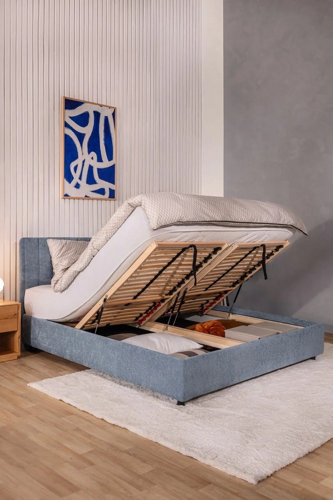 Modrá čalúnená dvojlôžková posteľ s úložným priestorom s roštom 180x200 cm Myra Slim Line – Bonami Selection