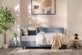 Modrá čalúnená jednolôžková posteľ s úložným priestorom s matracom 120x200 cm Avela – Bonami Selection