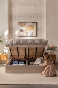 Béžová čalúnená dvojlôžková posteľ s úložným priestorom s roštom 180x200 cm Thessa Pillow – Bonami Selection