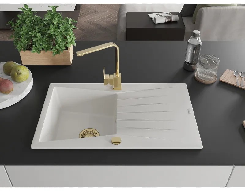 Mexen Cesar, granitový drez 775x470x190 mm, 1-komorový, biela so zlatým sifónom a zlatá drezová batéria Rita, 6514-20-670300-50
