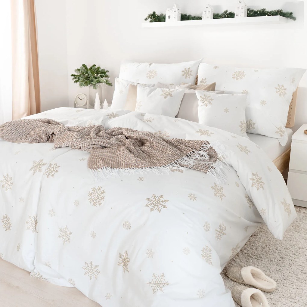 Goldea bavlnené posteľné obliečky - snehové vločky na bielej 140 x 200 a 70 x 90 cm