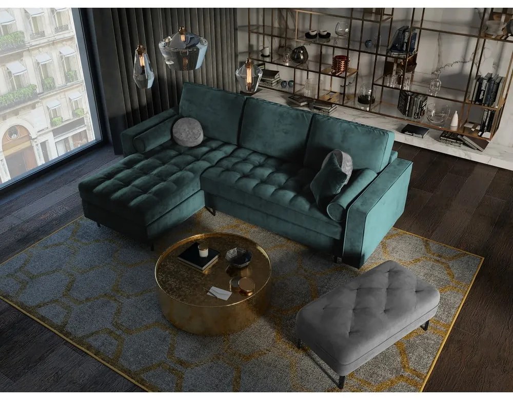 Petrolejovozelená zamatová rozkladacia rohová pohovka Milo Casa Santo, ľavý roh