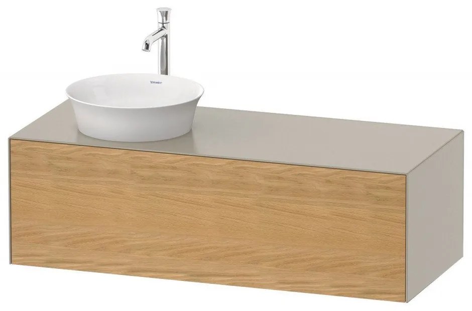 DURAVIT White Tulip závesná skrinka pod umývadlo na dosku vľavo, 1 zásuvka, 1300 x 550 x 408 mm, dub prírodný masív/taupe matná, WT4977LH560