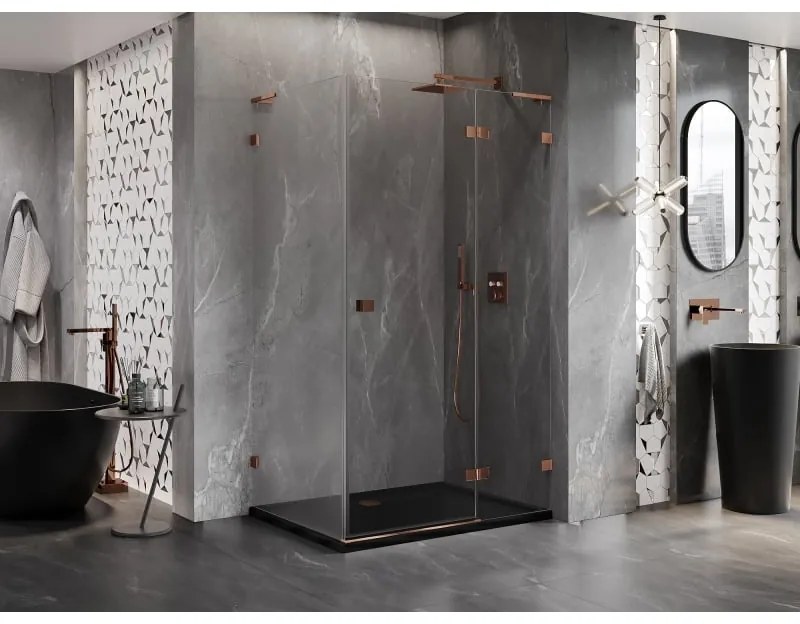 Mexen Lunar, L pravý výklopný sprchový kút 85 x 80 cm, 8mm číre sklo, profil ružové zlato, 834L-085-080-60-00-P