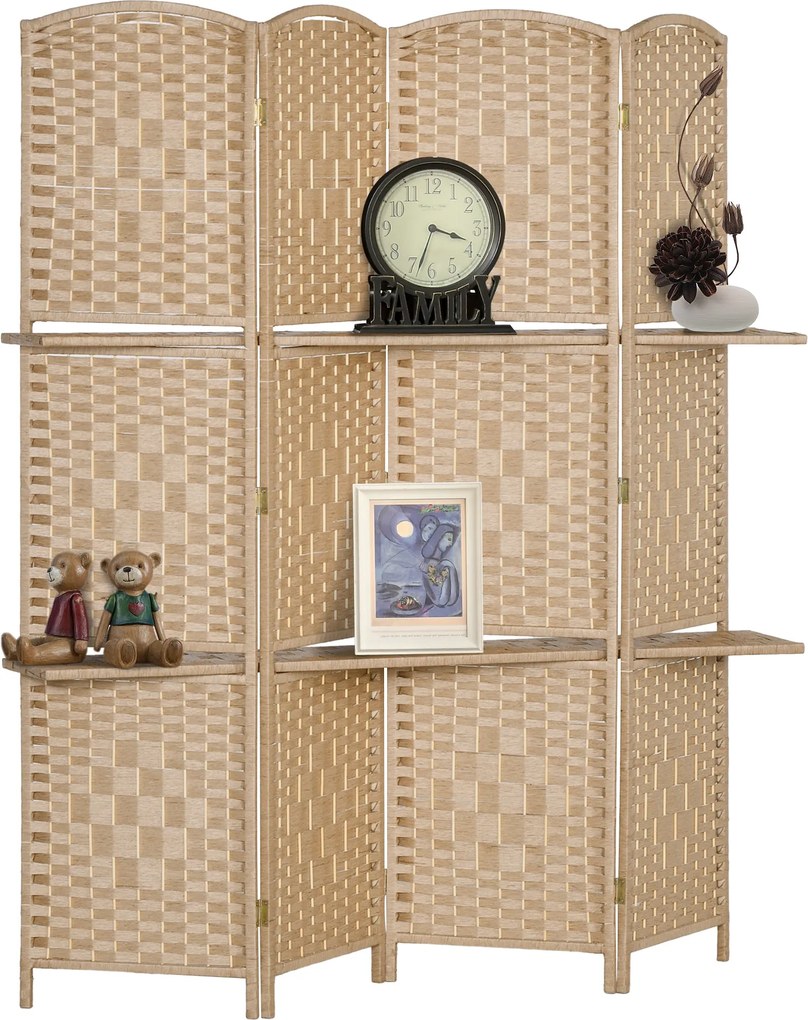 HOMCOM 4-panelový rozdeľovač miestnosti 160x170 cm s 2 policami - Záclona pre kanceláriu a spálňu | Aosom