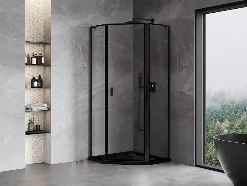 Mexen Mist L, päťuholníkový sprchový kút s krídlovými dverami, 90 x 90 cm, 8mm číre sklo, čierny profil, 8A8L-090-090-70-70-P