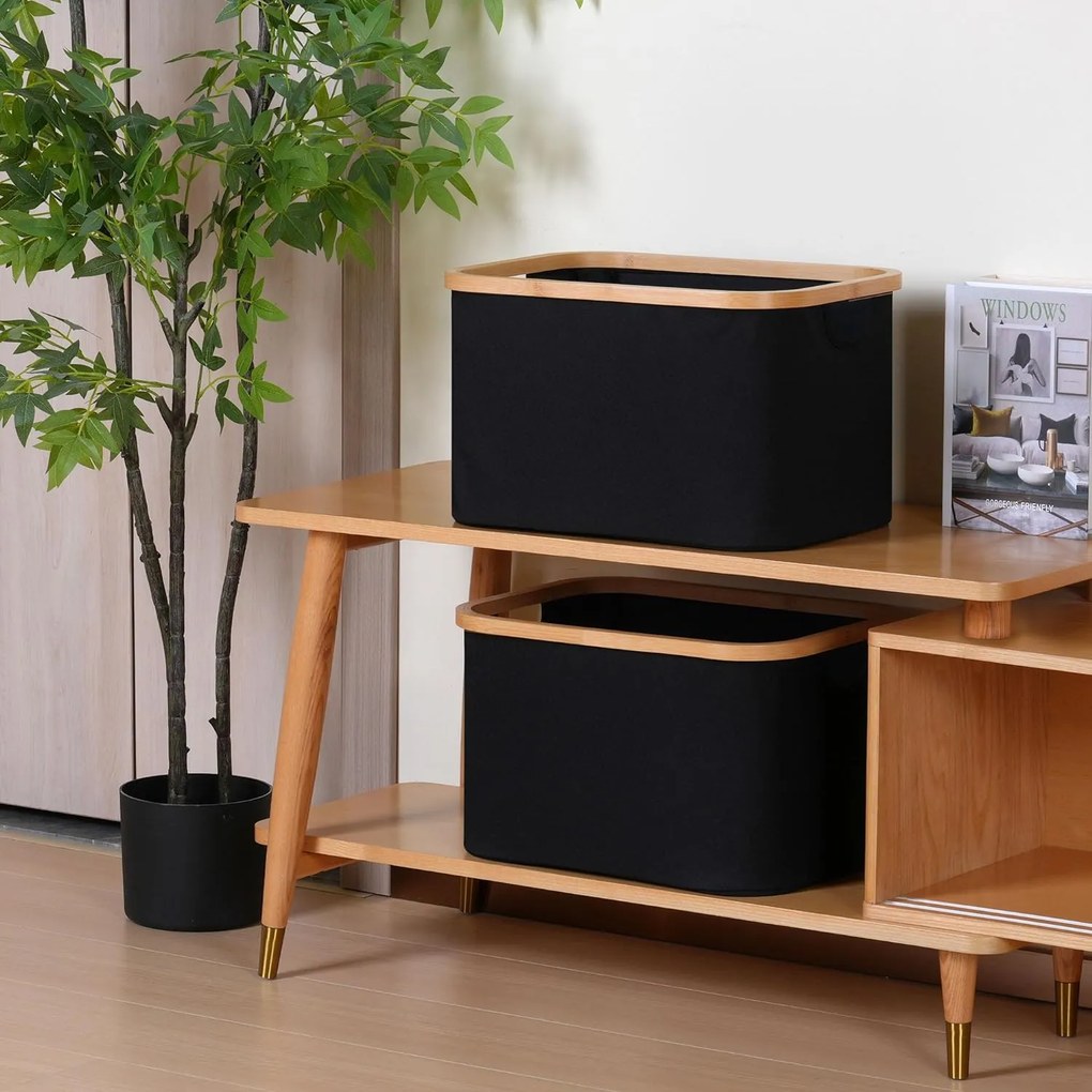Úložný box - košík, textilný čierny s bambusovým rámom XXL, 57x37x26