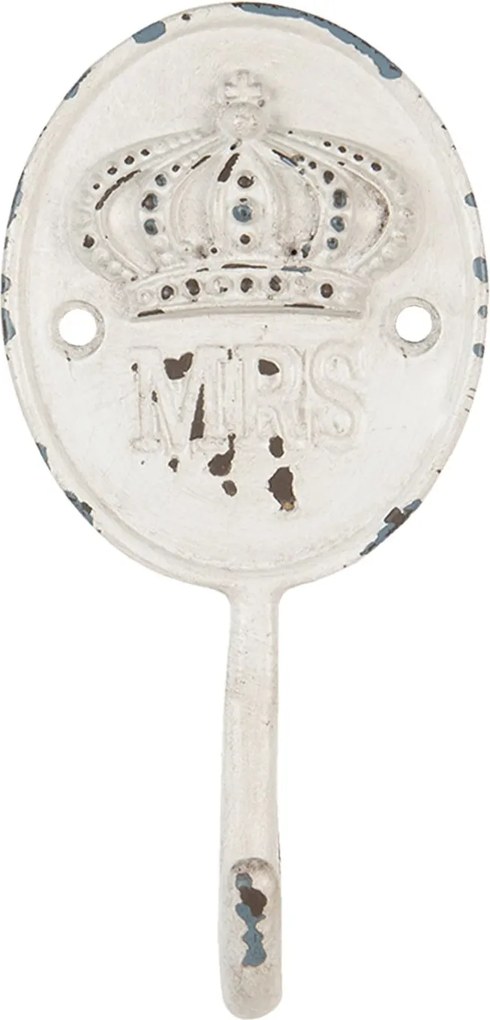 Kovový biely háčik s patinou Mrs - 6 * 4 * 12 cm