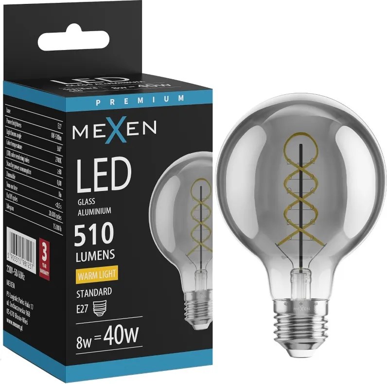 Mexen Vintis, LED filamentová žiarovka E27, G80, 8 W, teplá biela 2700K, dymová, L165-E27-0827-70