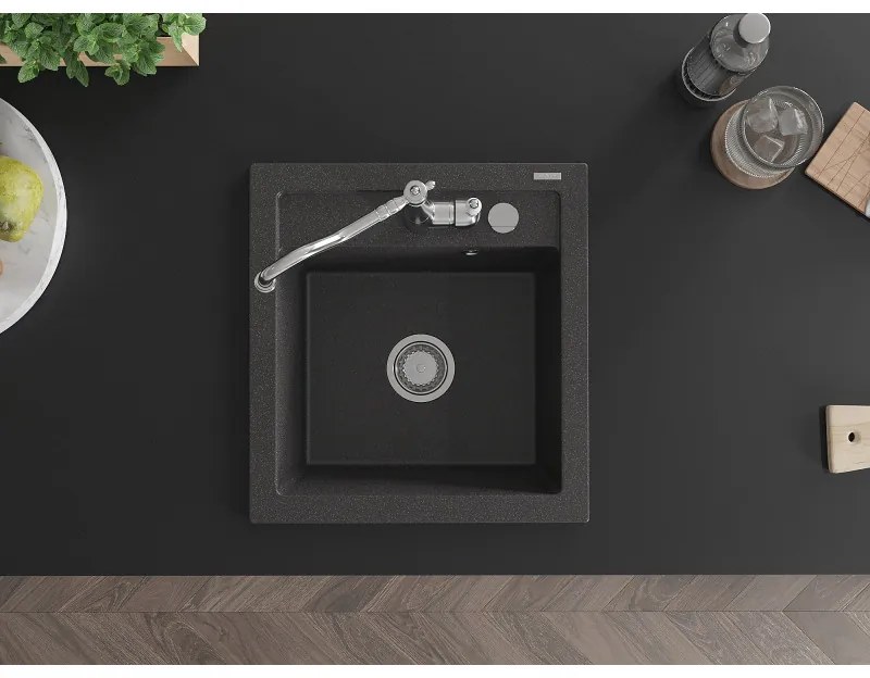 Mexen Vito, granitový drez 490x520x210 mm, 1-komorový a drezová batéria Carla, čierna škvrnitá, 6503-76-670700-00