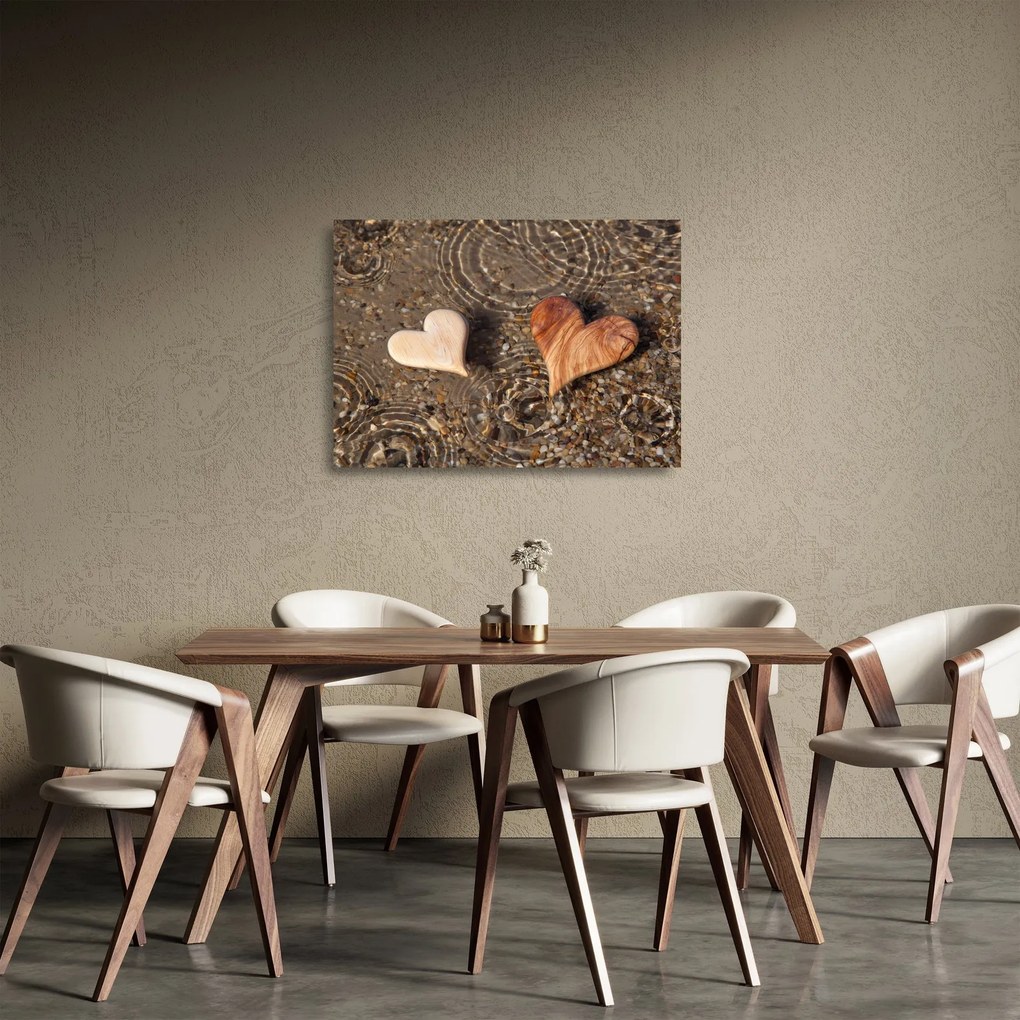 Sklenený obraz - Drevené srdiečka (70x50 cm)