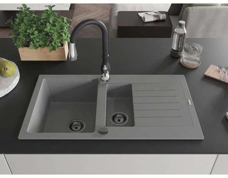 Mexen Matias, 1,5-komorový granitový drez 900x505x200 mm a drezová batéria Savita, šedá, 6502-71-672601-70-B
