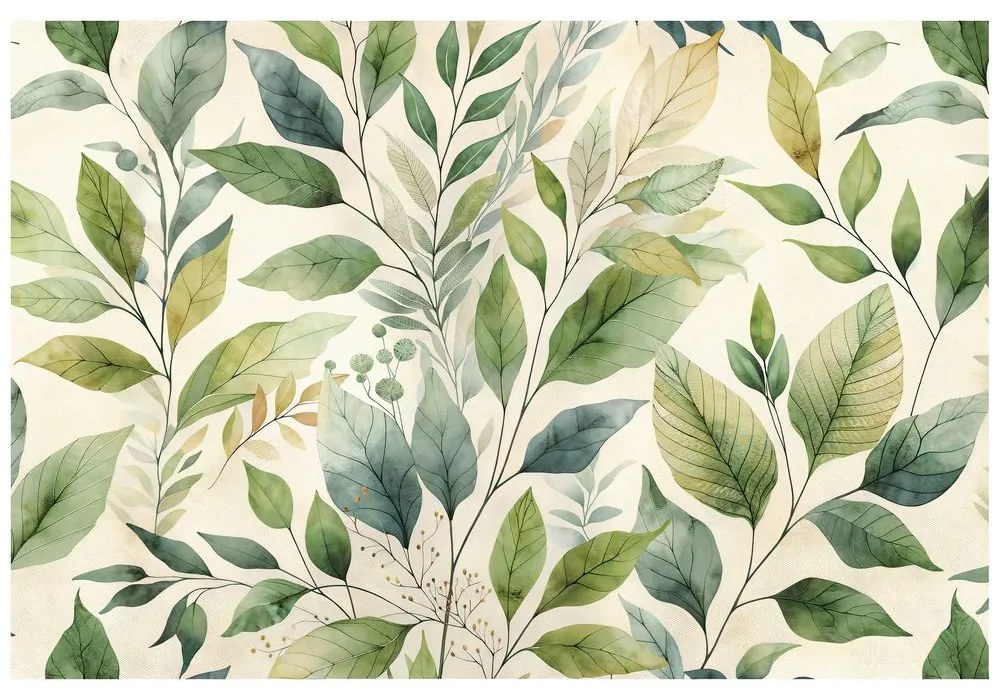 Samolepiaca tapeta zelené akvarelové listy na béžovom pozadí
