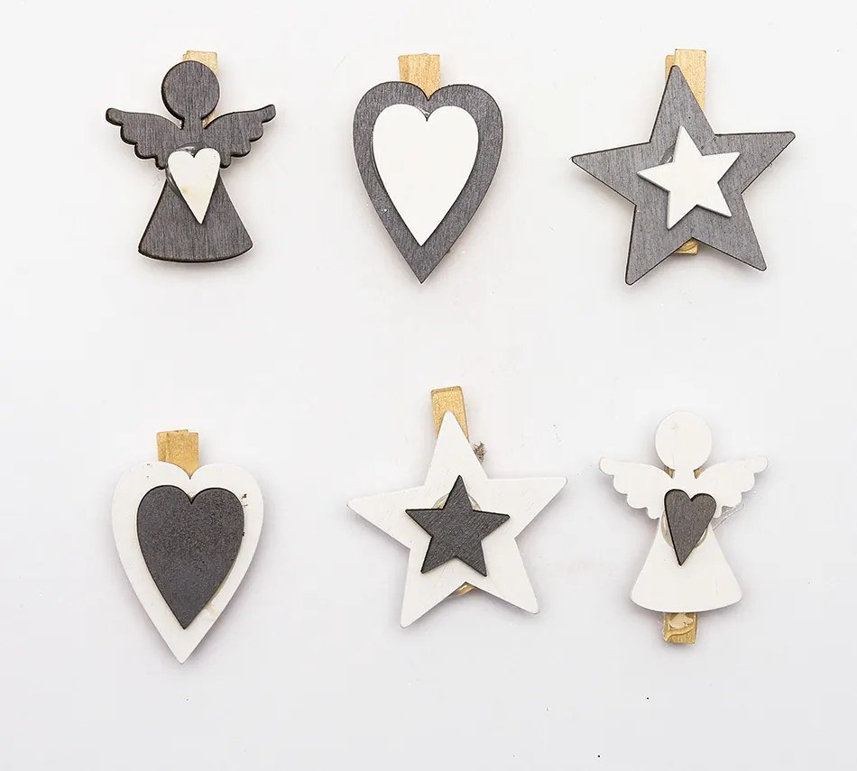 DECOLED Dřevěné dekorační kolíčky, anděl, hvězda, srdce, 6ks/bal.