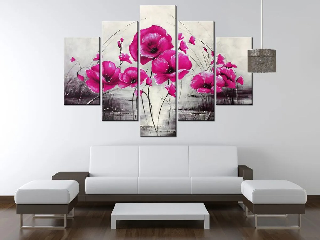 Gario Ručne maľovaný obraz Ružové Vlčie maky - 5 dielny Rozmery: 150 x 105 cm