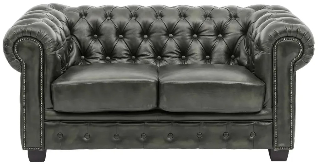 furniture-nabytek.cz - Dvoumístná pohovka Chesterfield z pravé kůže, zelená – 155×90×72 cm