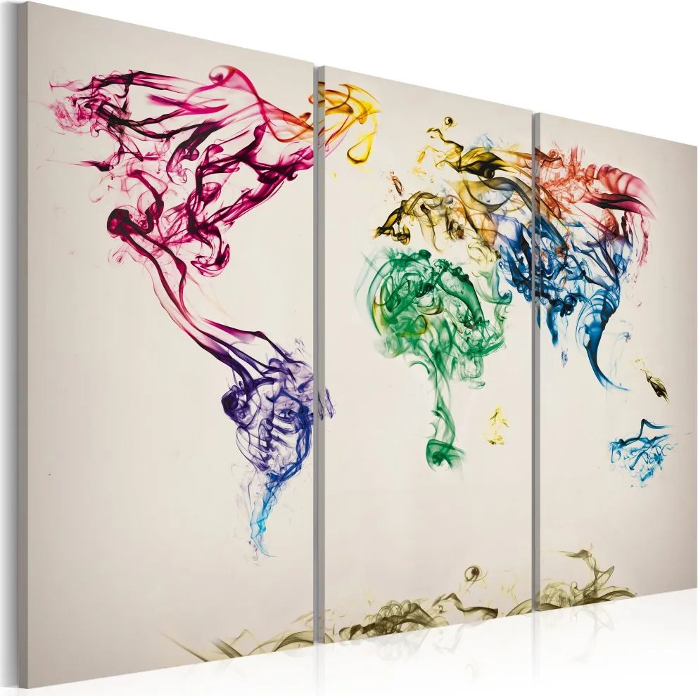 Obraz na plátne Bimago - The World map - colored smoke trails - triptych 60x40 cm