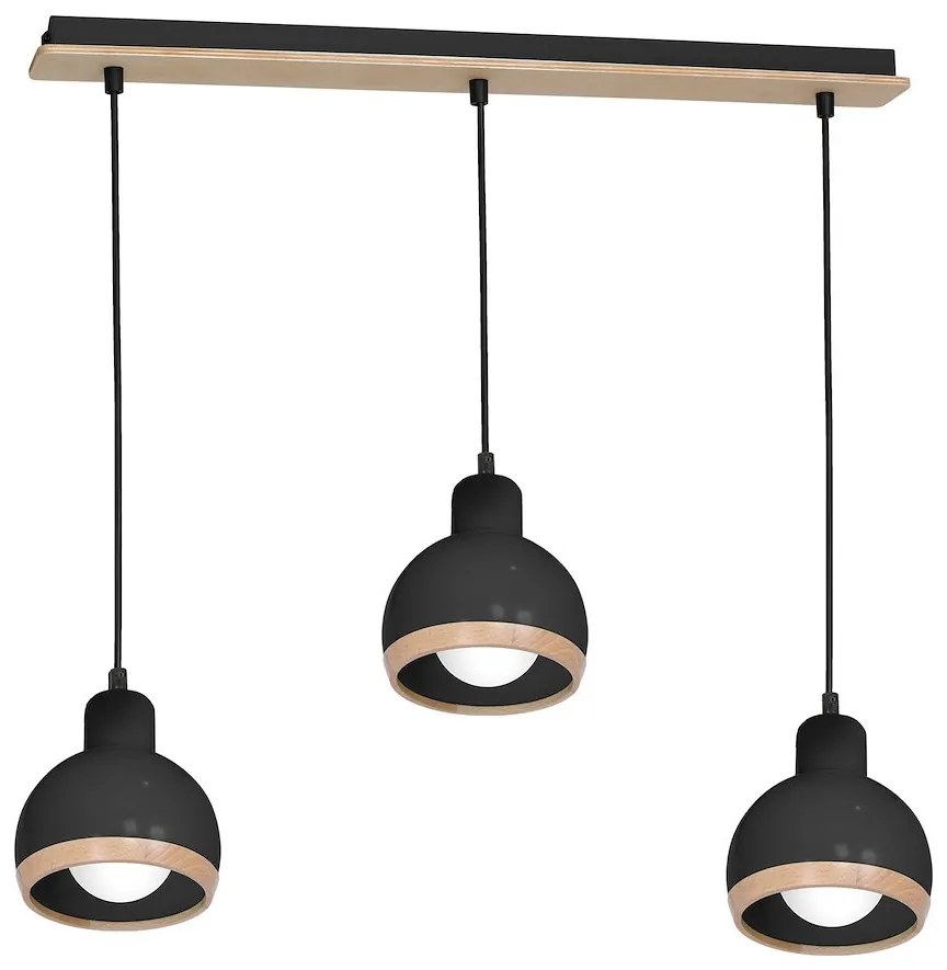 Závesné svietidlo Oval, 3x drevené/čierne kovové tienidlo, b