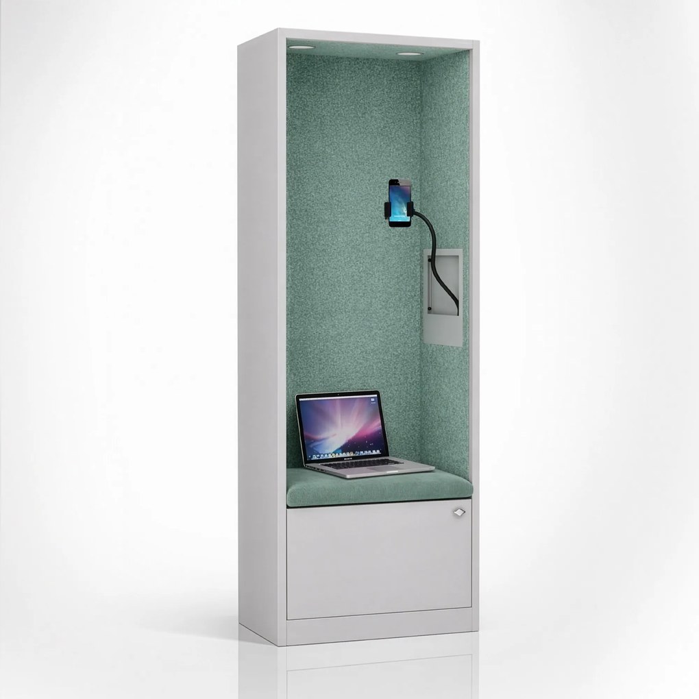 Kancelárska akustická kabína so sedadlom a portom USB-C, telo v sivá farbe / sedadlo v zelenej farbe, 600 mm: SALLY MentalBox
