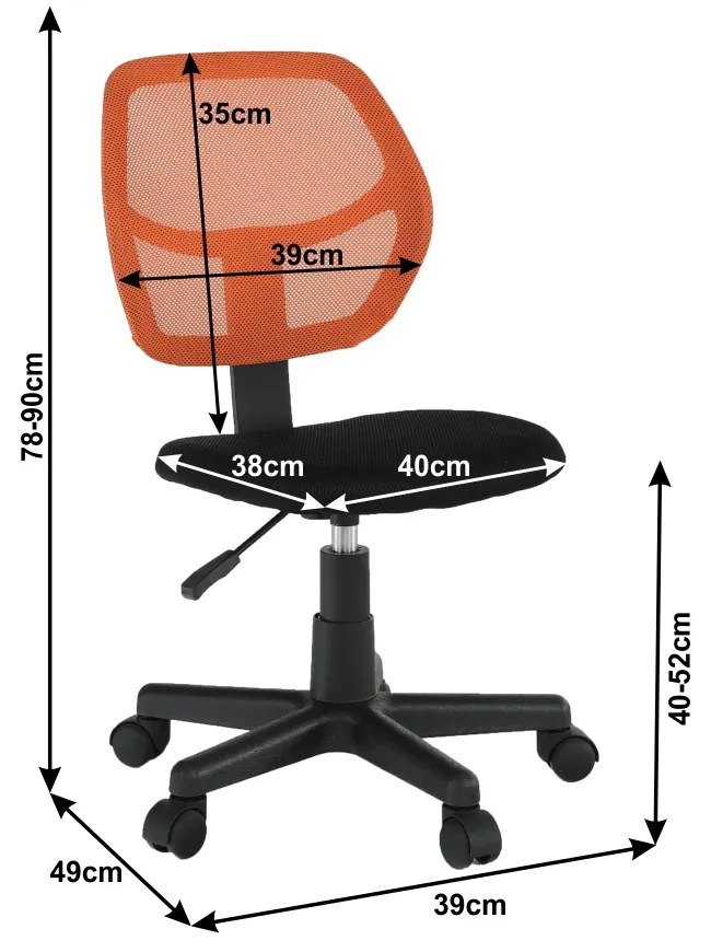 Detská otočná stolička na kolieskach MESH – plast, bez podrúčok, oranžová/čierna
