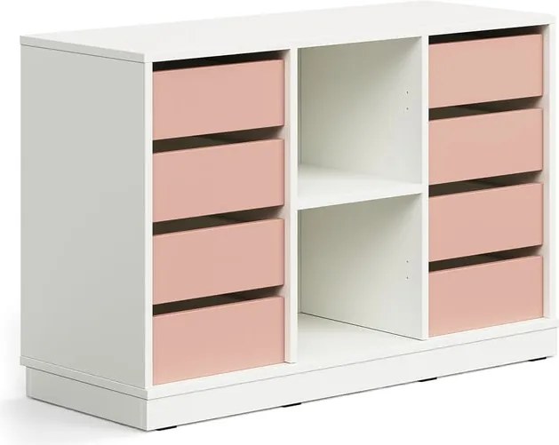 Úložná skrinka CASPER, 8 zásuviek, 2 priehradky, so soklom, biela/tmavoružová