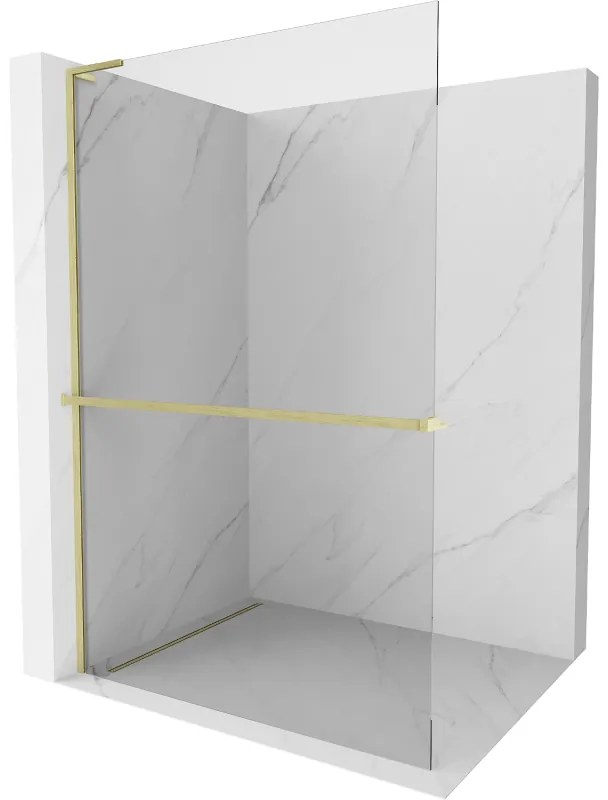 Mexen Kioto+ L, sprchová zástena Walk-In s poličkou a vešiakom 110 x 200 cm, 8mm číre sklo, zlatý matný profil, 800-110-123-55-00