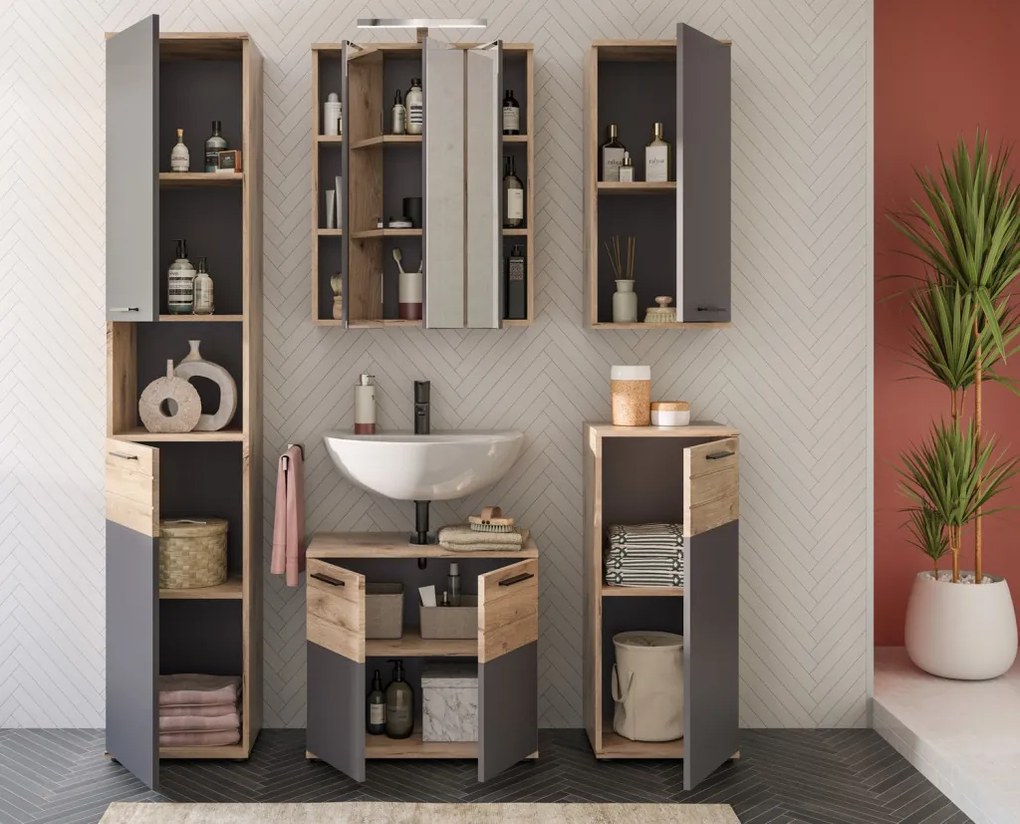 Kúpeľňová skrinka pod umývadlo Mason, dub/šedá