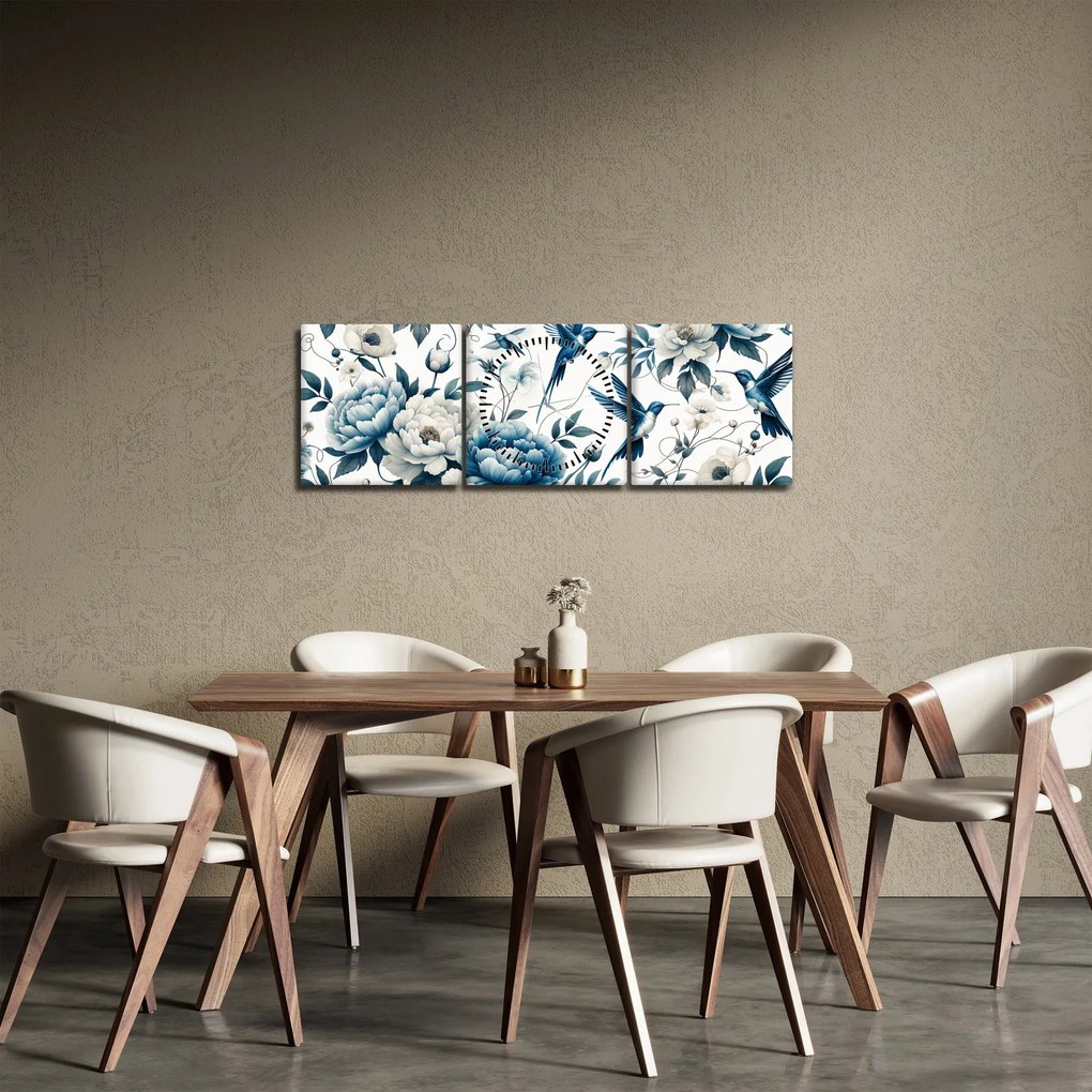 Obraz - Kolibríky s kvetmi (s hodinami) (90x30 cm)