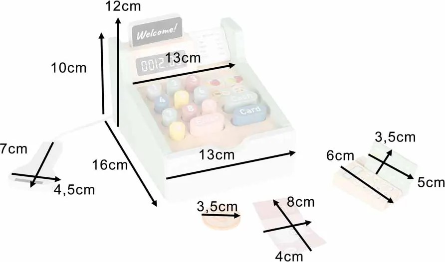 Dřevěná dětská pokladna KIK s terminálem, skenerem a penězi