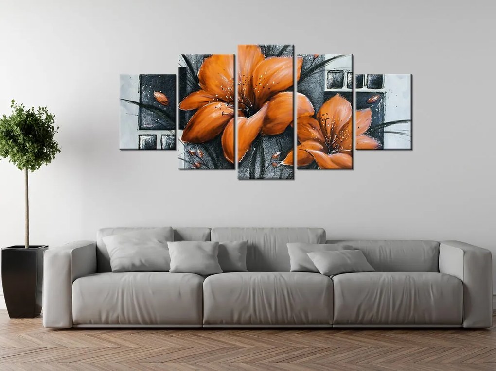 Gario Ručne maľovaný obraz Nádherné oranžové Vlčie maky - 5 dielny Rozmery: 150 x 70 cm