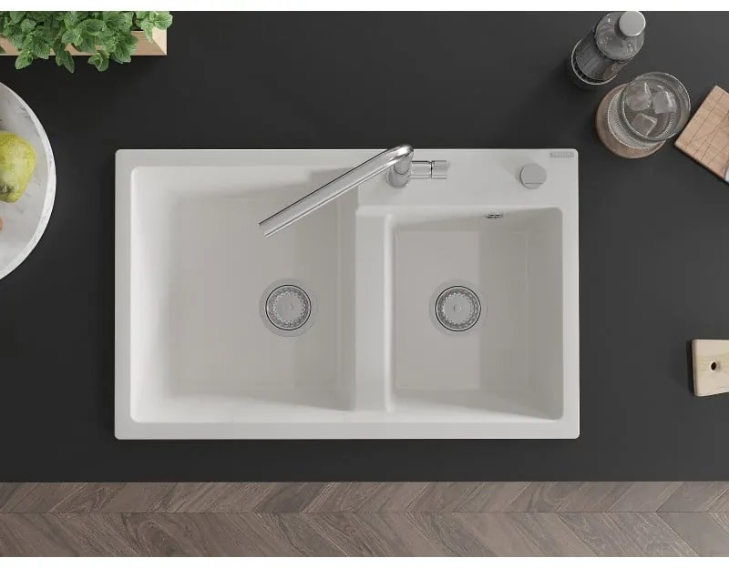 Mexen Tomas, 2-komorový granitový drez 800x500x190 mm a drezová batéria Flora, biela, 6516-20-670401-00