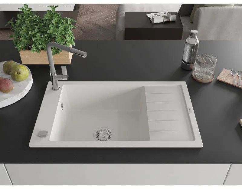 Mexen Elias, 1-komorový granitový drez 795x480x200 mm a drezová batéria Flora, biela, 6511-20-670401-06