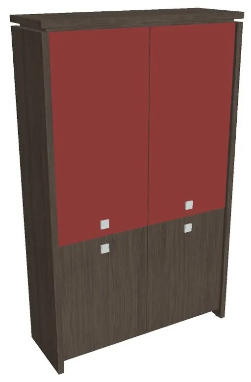 Vysoká skriňa Verno 128 x 46 x 210 cm, kombinované dvere, dub antracit / červená