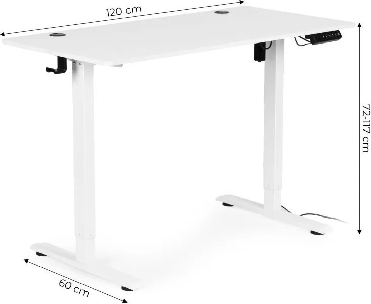 Elektrický nastaviteľný stôl 120 x 60 cm, nastaviteľná výška 72-117 cm, biely