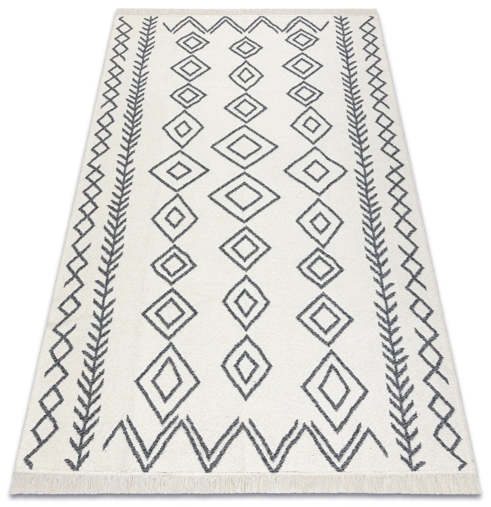 Obojstranný šnúrkový ekologický koberec TWIN 23000 Boho, so strapcami, antracit - krémový