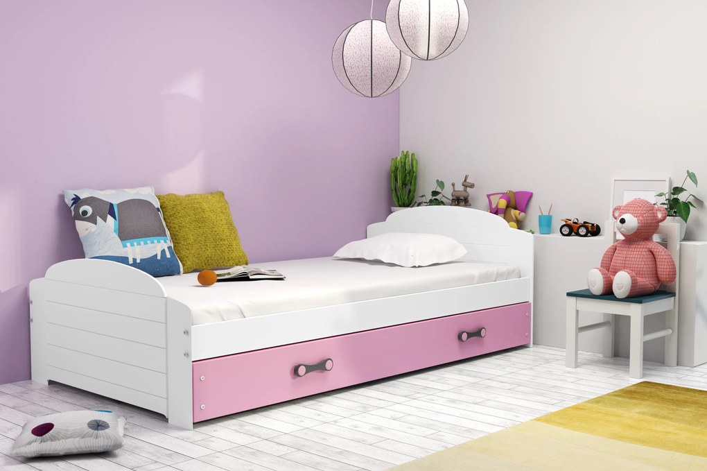 Interbeds Jednolôžková posteľ Lili2 biela pre teenagerov 200x90 s matracom a šuplíkom - ružová