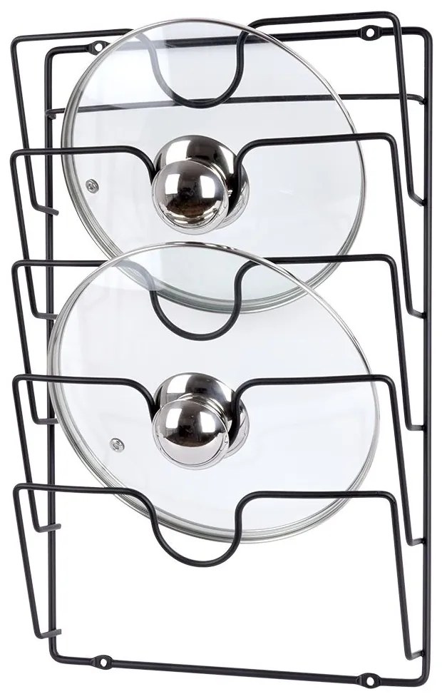 Držiak, stojan na pokrievky - 5 pozícií, na pripevnenie na dvierka, čierny kov VILDE