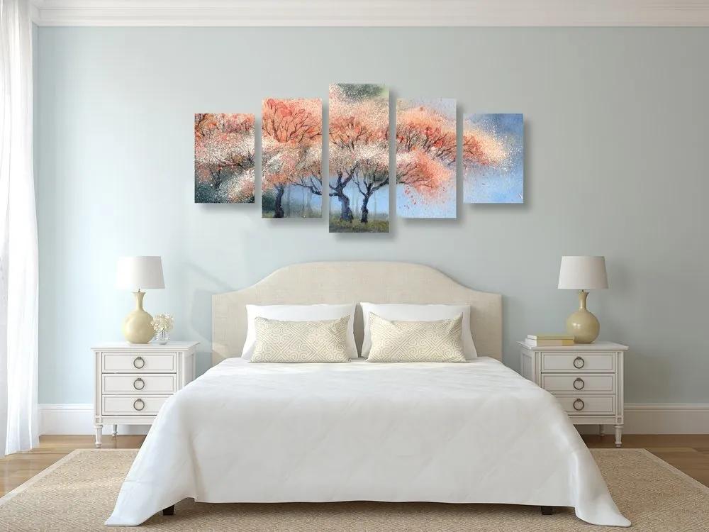 5-dielny obraz akvarelové kvitnúce stromy - 200x100